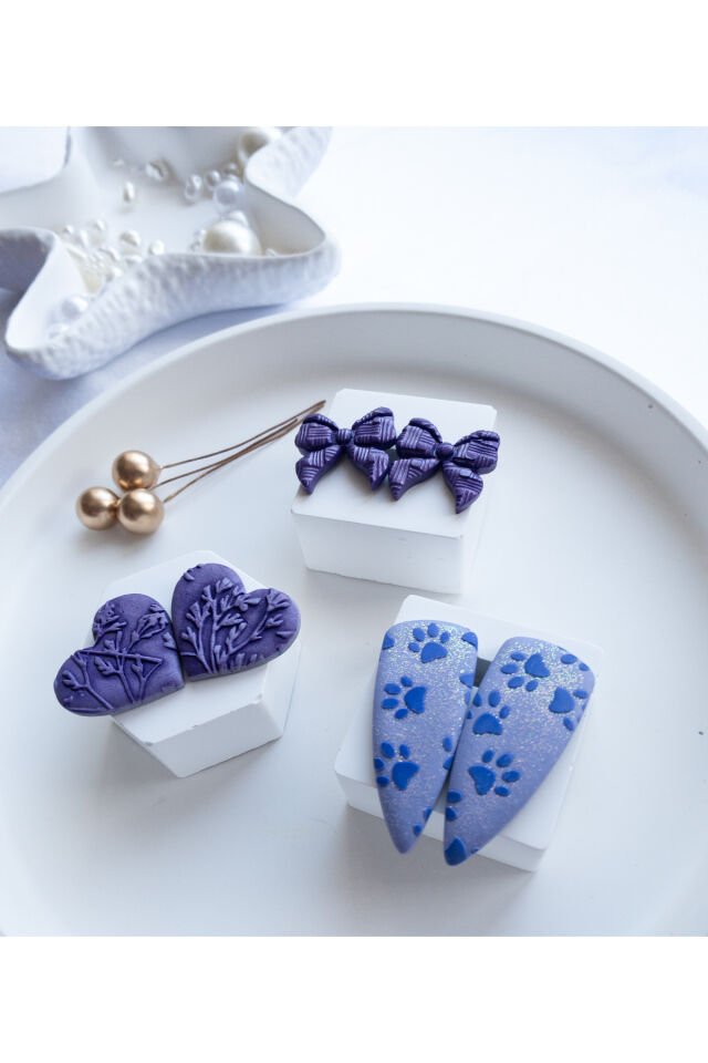Özel Tasarım Mor Polimer Kil Simli Pati Desen Kalp ve Kurdele Küpe Seti