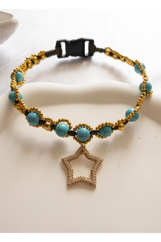 Doğal Firuze Taşlı Yıldız Charm'lı El Yapımı Kedi & Köpek Tasması – Şık Evcil Aksesuar