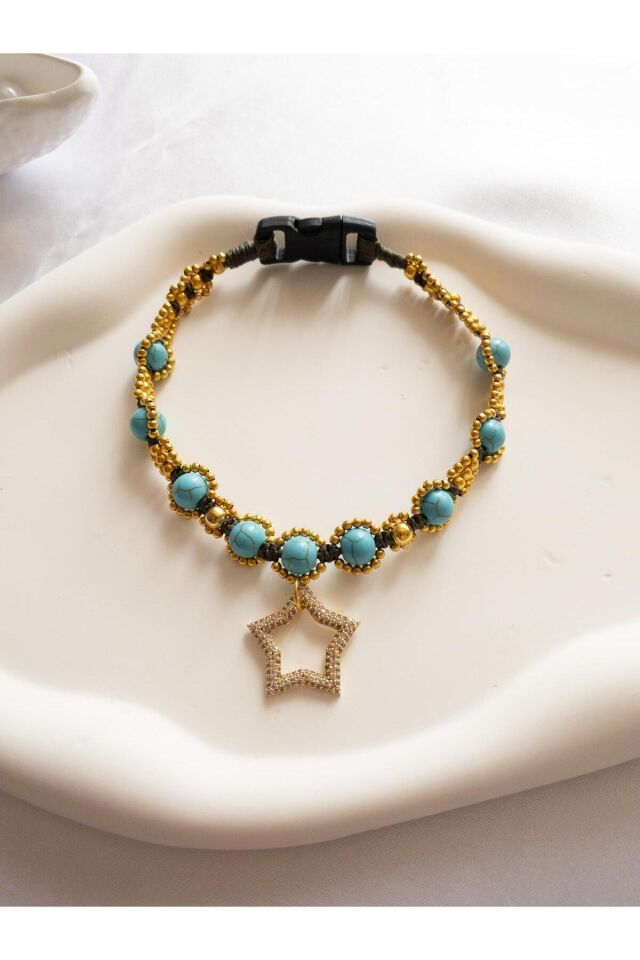Doğal Firuze Taşlı Yıldız Charm'lı El Yapımı Kedi & Köpek Tasması – Şık Evcil Aksesuar