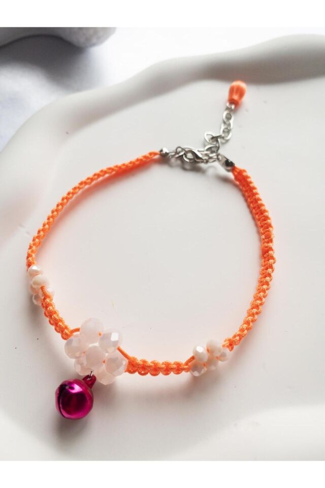 Açık Pembe Çin Kristali Çiçek ve Pembe Zilli Turuncu Kedi ve Küçük Irk Köpek Tasması