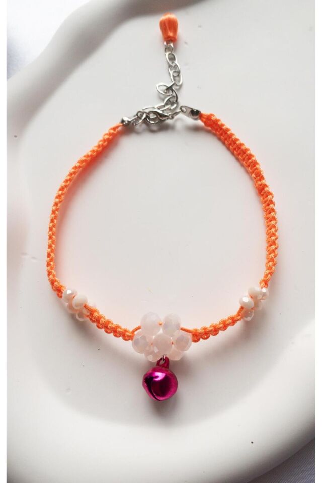 Açık Pembe Çin Kristali Çiçek ve Pembe Zilli Turuncu Kedi ve Küçük Irk Köpek Tasması