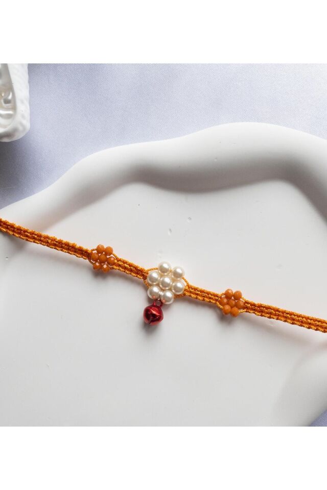 İnci ve Turuncu Çin Kristali Çiçek Detay Kırmızı Zilli Turuncu Kedi ve Küçük Irk Köpek Tasması