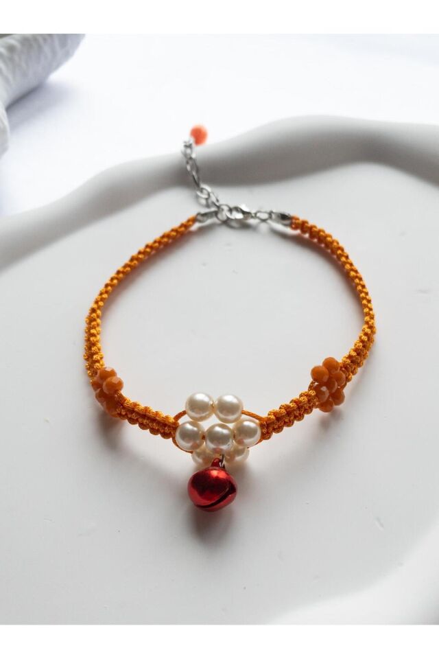 İnci ve Turuncu Çin Kristali Çiçek Detay Kırmızı Zilli Turuncu Kedi ve Küçük Irk Köpek Tasması