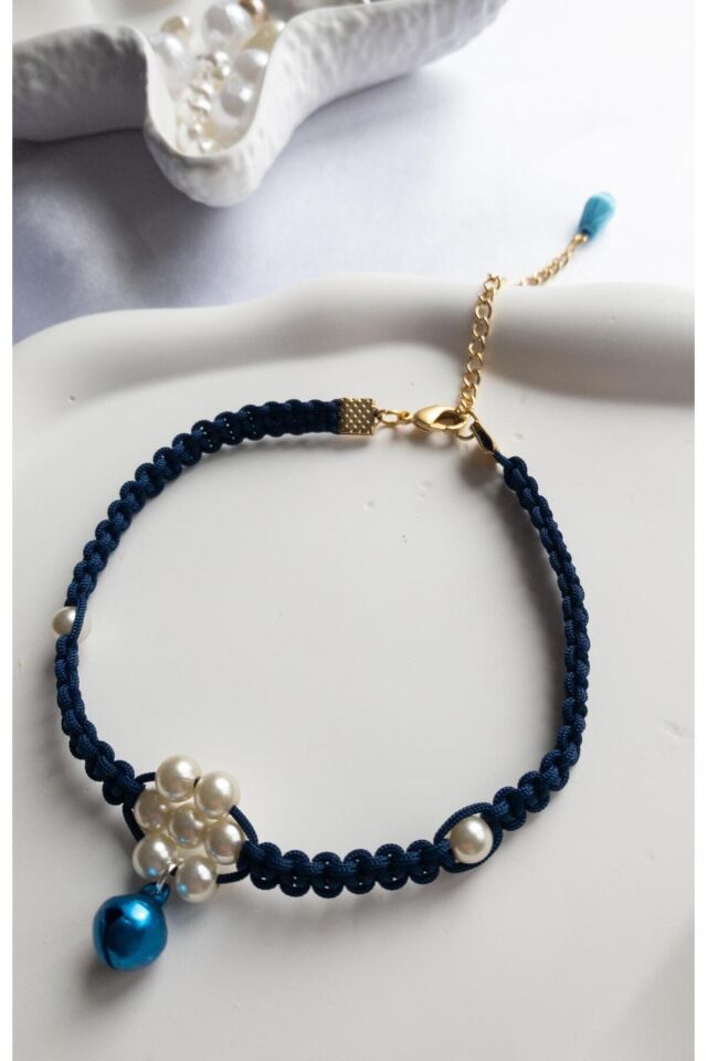 İnci Çiçek Detay Mavi Zilli Lacivert Renk Kedi ve Küçük Irk Köpek Tasması