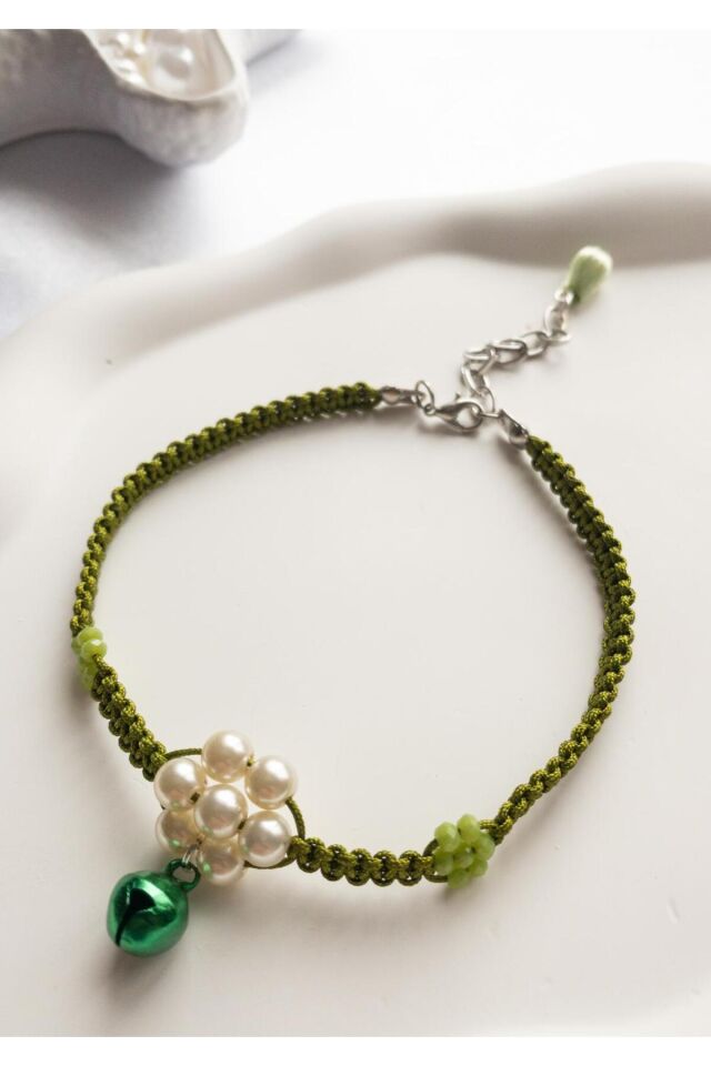 İnci ve Yeşil Çin Kristali Çiçek Detay Yeşil Zilli Yeşil Kedi ve Küçük Irk Köpek Tasması