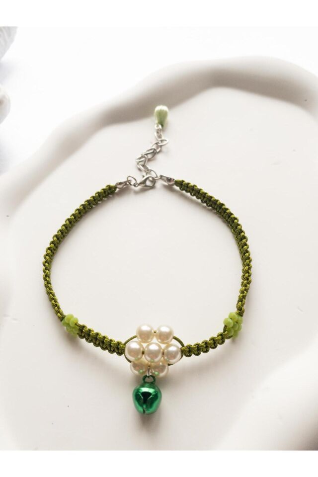 İnci ve Yeşil Çin Kristali Çiçek Detay Yeşil Zilli Yeşil Kedi ve Küçük Irk Köpek Tasması