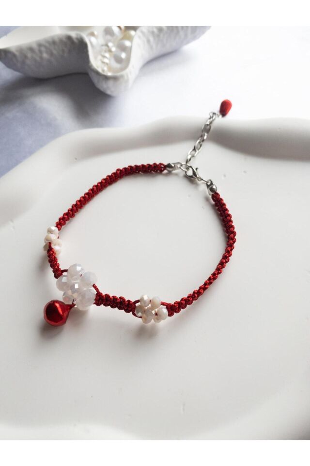 Açık Pembe Çin Kristali Çiçek Detay Kırmızı Zilli Kırmızı Renk Kedi ve Küçük Irk Köpek Tasması