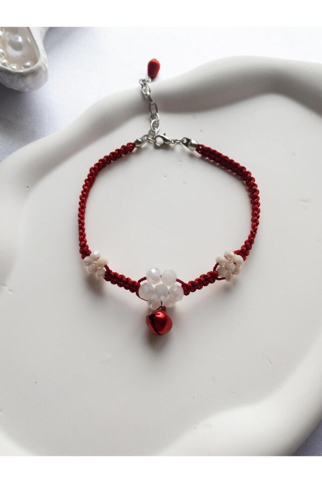 Açık Pembe Çin Kristali Çiçek Detay Kırmızı Zilli Kırmızı Renk Kedi ve Küçük Irk Köpek Tasması