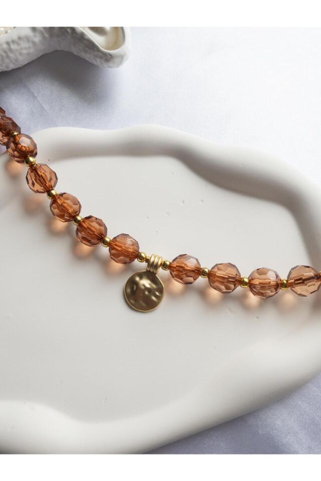 Kahverengi Boncuklu Gold Detay Kedi ve Küçük Irk Köpek Tasması