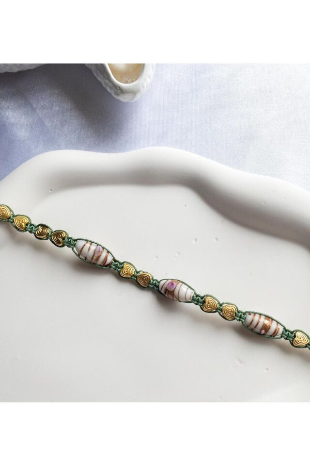 Renkli Cam Boncuk Gold Kalp Detay Yeşil Kedi ve Küçük Irk Köpek Tasması