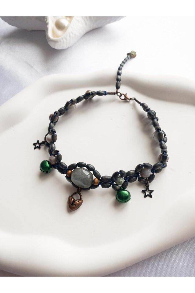 Doğal Taş Labradorit Boncuklu Yeşil Zilli Lacivert Kedi ve Küçük Irk Köpek Tasması