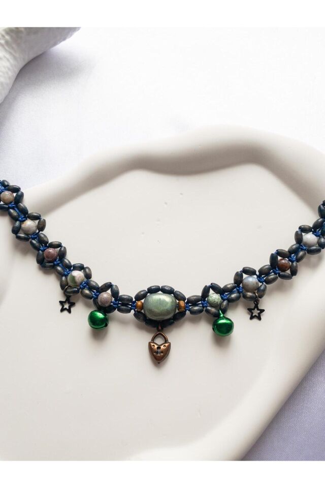 Doğal Taş Labradorit Boncuklu Yeşil Zilli Lacivert Kedi ve Küçük Irk Köpek Tasması