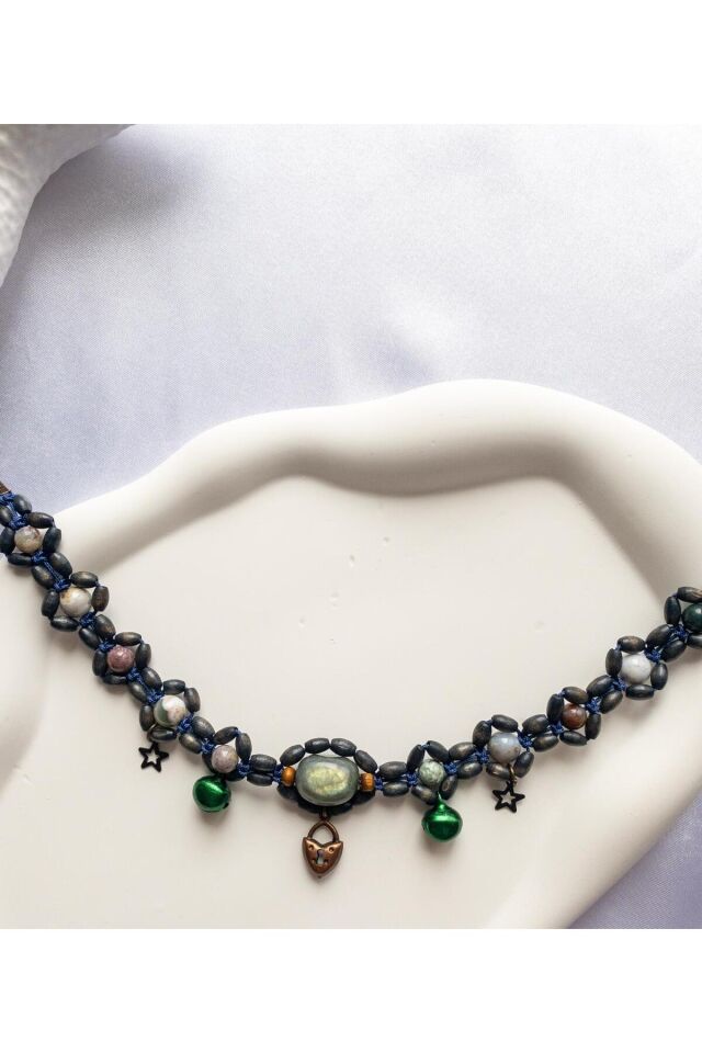 Doğal Taş Labradorit Boncuklu Yeşil Zilli Lacivert Kedi ve Küçük Irk Köpek Tasması