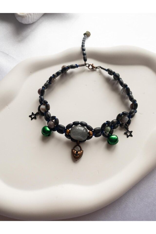 Doğal Taş Labradorit Boncuklu Yeşil Zilli Lacivert Kedi ve Küçük Irk Köpek Tasması