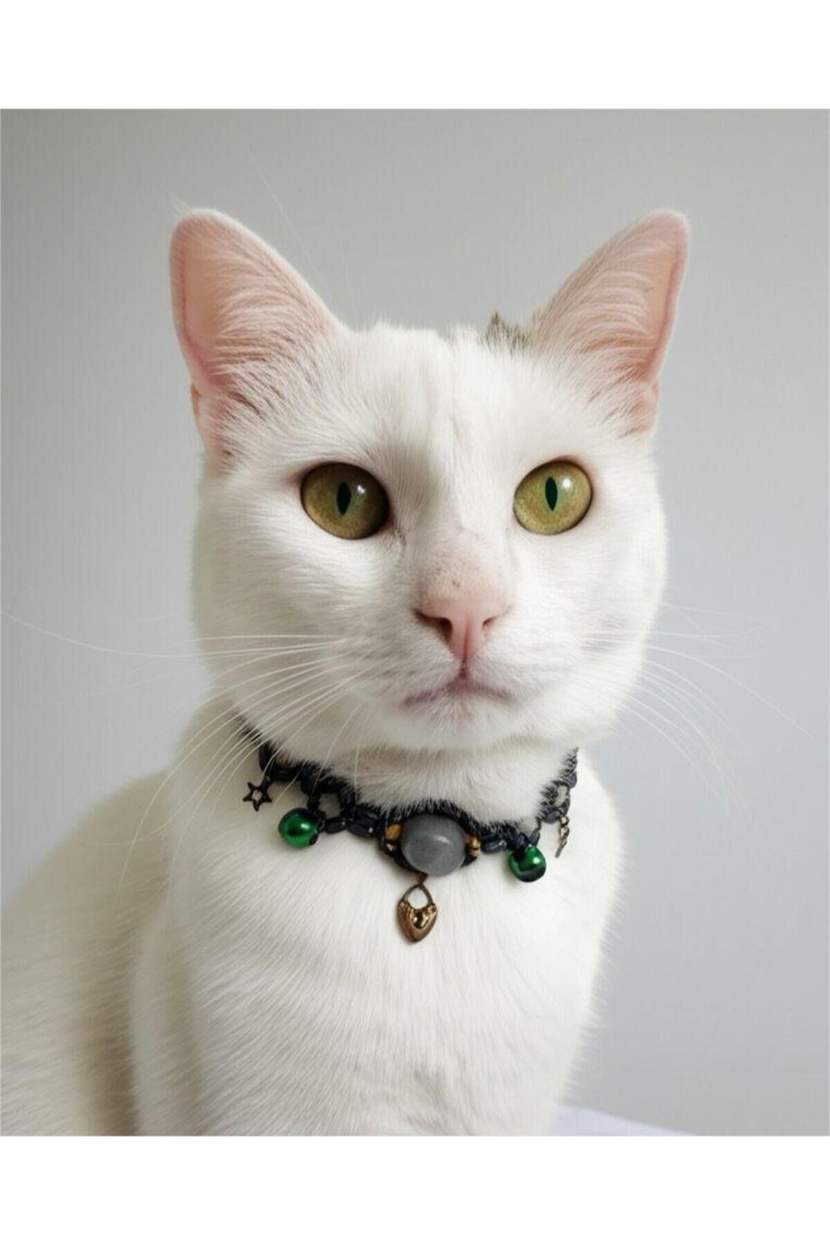 Doğal Taş Labradorit Boncuklu Yeşil Zilli Lacivert Kedi ve Küçük Irk Köpek Tasması