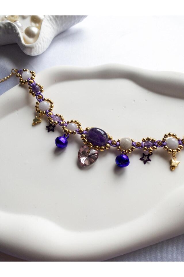 Doğal Taş Ametist Boncuklu Mor Kristal Kalp Charmlı Mor Zilli Kedi ve Küçük Irk Köpek Tasması