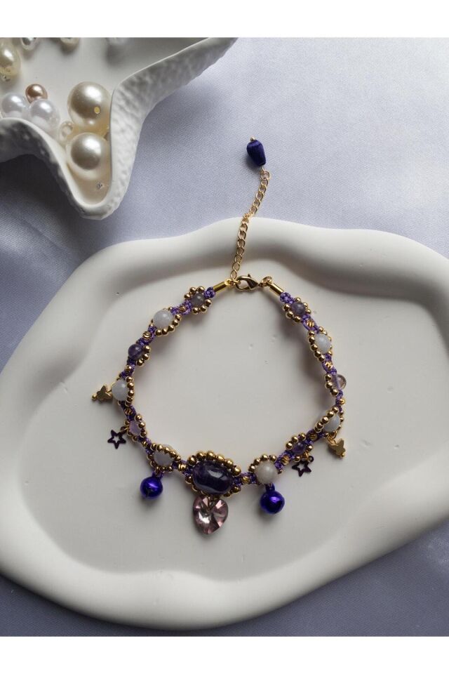 Doğal Taş Ametist Boncuklu Mor Kristal Kalp Charmlı Mor Zilli Kedi ve Küçük Irk Köpek Tasması