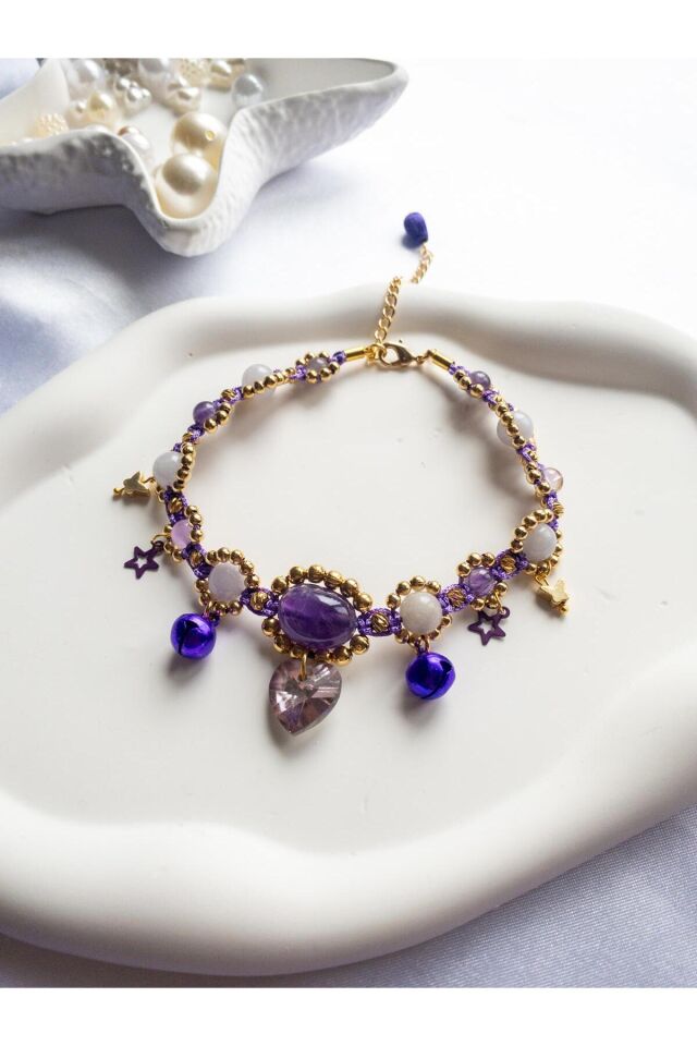 Doğal Taş Ametist Boncuklu Mor Kristal Kalp Charmlı Mor Zilli Kedi ve Küçük Irk Köpek Tasması