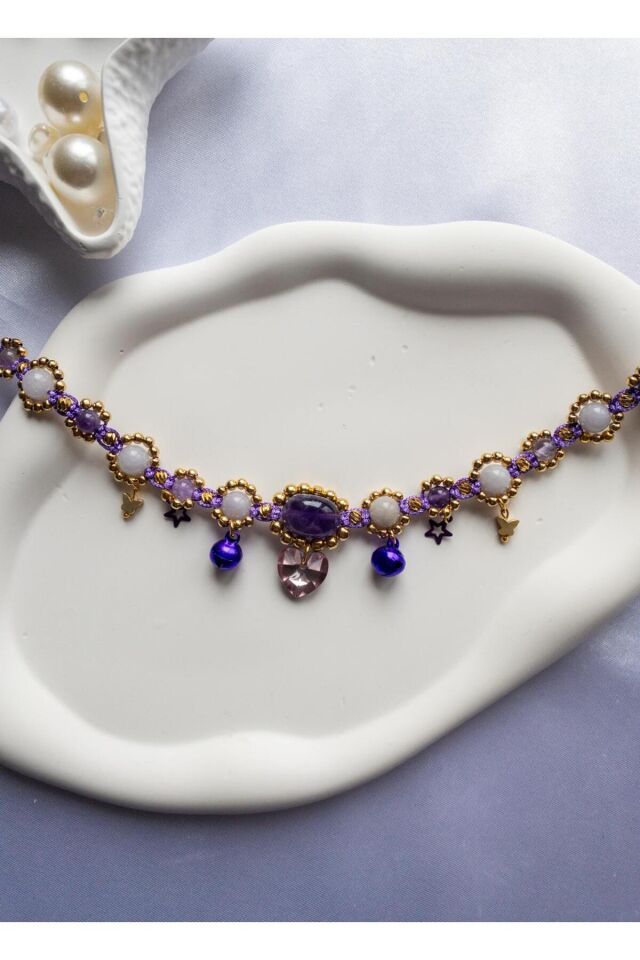 Doğal Taş Ametist Boncuklu Mor Kristal Kalp Charmlı Mor Zilli Kedi ve Küçük Irk Köpek Tasması