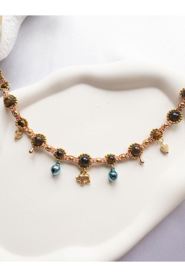 Doğal Taş Kaplan Gözü Boncuklu Mavi Zilli Gold Fil Charmlı Kedi ve Küçük Irk Köpek Tasması