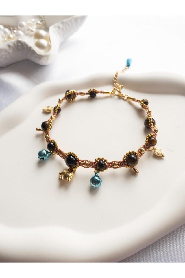 Doğal Taş Kaplan Gözü Boncuklu Mavi Zilli Gold Fil Charmlı Kedi ve Küçük Irk Köpek Tasması