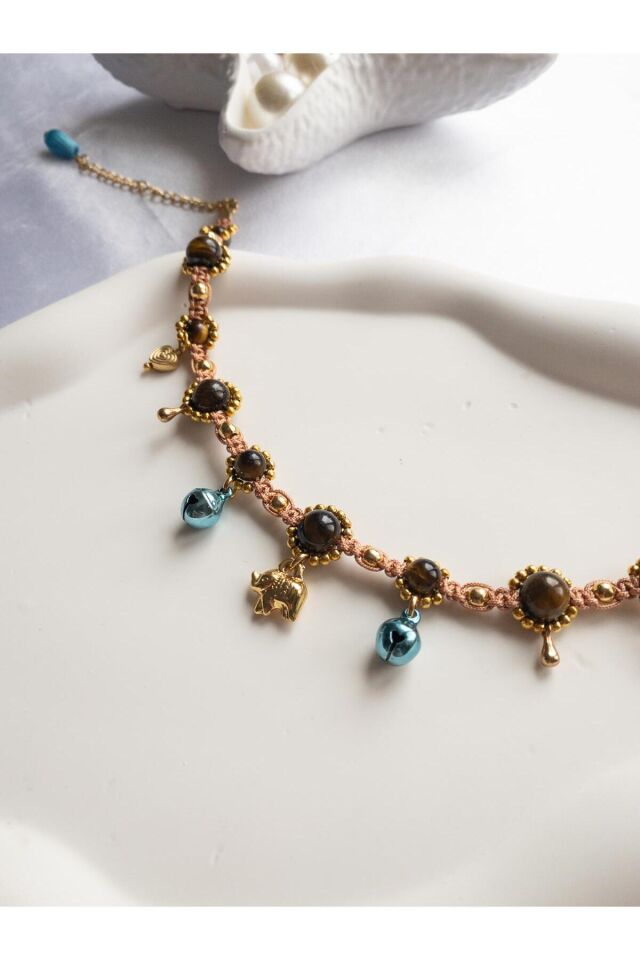 Doğal Taş Kaplan Gözü Boncuklu Mavi Zilli Gold Fil Charmlı Kedi ve Küçük Irk Köpek Tasması