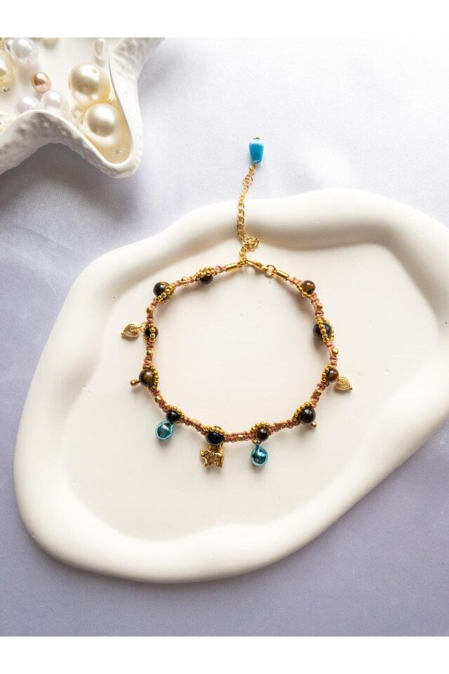 Doğal Taş Kaplan Gözü Boncuklu Mavi Zilli Gold Fil Charmlı Kedi ve Küçük Irk Köpek Tasması