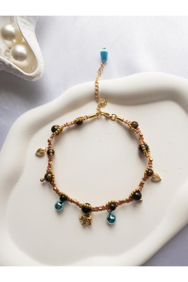 Doğal Taş Kaplan Gözü Boncuklu Mavi Zilli Gold Fil Charmlı Kedi ve Küçük Irk Köpek Tasması