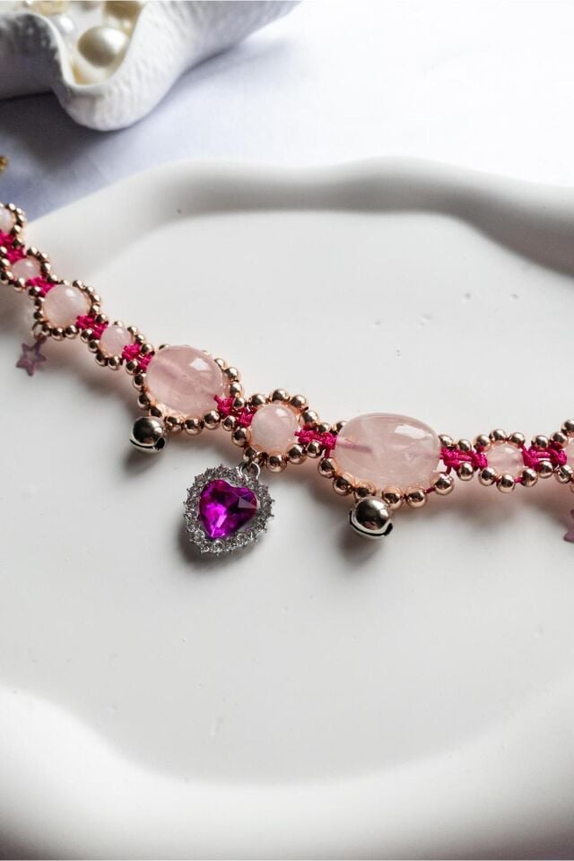 Doğal Taş Pembe Kuvars Boncuklu Kristal Pembe Charmlı Kedi ve Küçük Irk Köpek Tasması