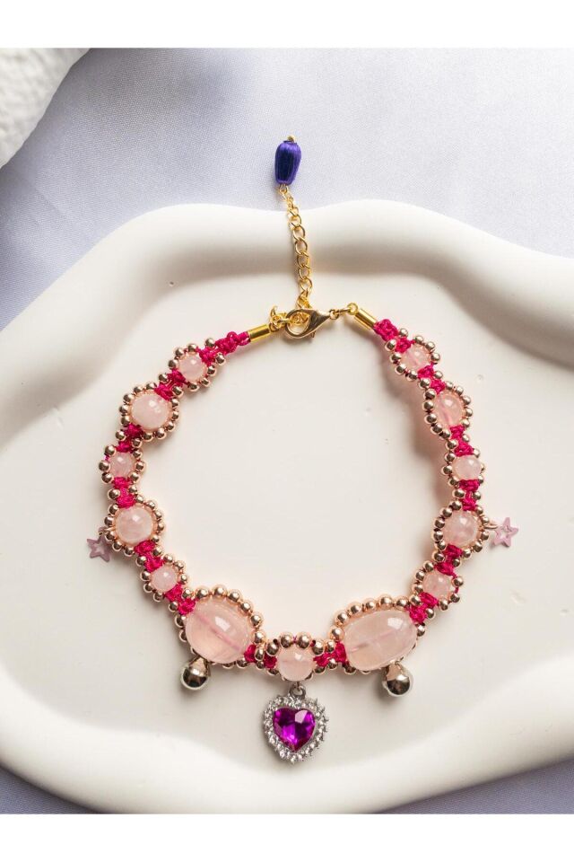 Doğal Taş Pembe Kuvars Boncuklu Kristal Pembe Charmlı Kedi ve Küçük Irk Köpek Tasması