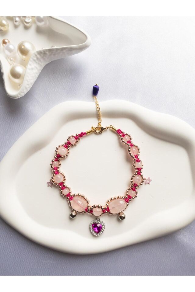 Doğal Taş Pembe Kuvars Boncuklu Kristal Pembe Charmlı Kedi ve Küçük Irk Köpek Tasması