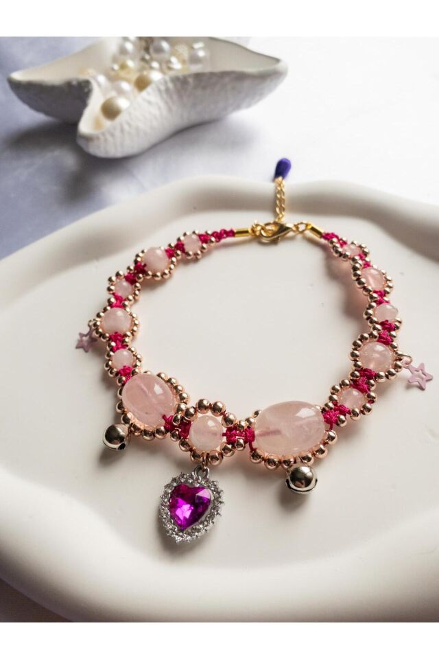 Doğal Taş Pembe Kuvars Boncuklu Kristal Pembe Charmlı Kedi ve Küçük Irk Köpek Tasması