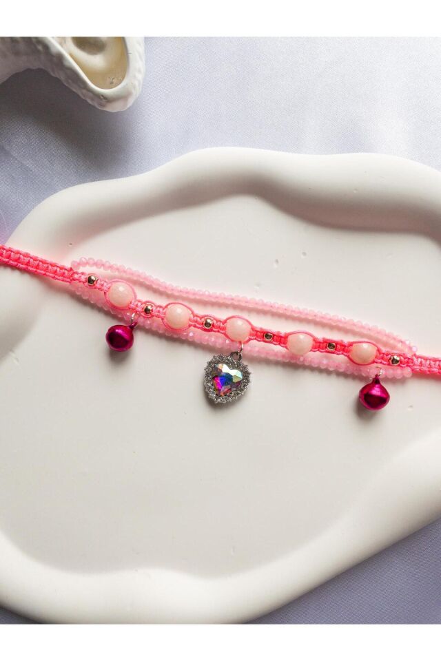 Doğal Taş Pembe Kuvars Boncuklu Pembe Kristal Kalp Charmlı ve Zilli Kedi ve Küçük Irk Köpek Tasması