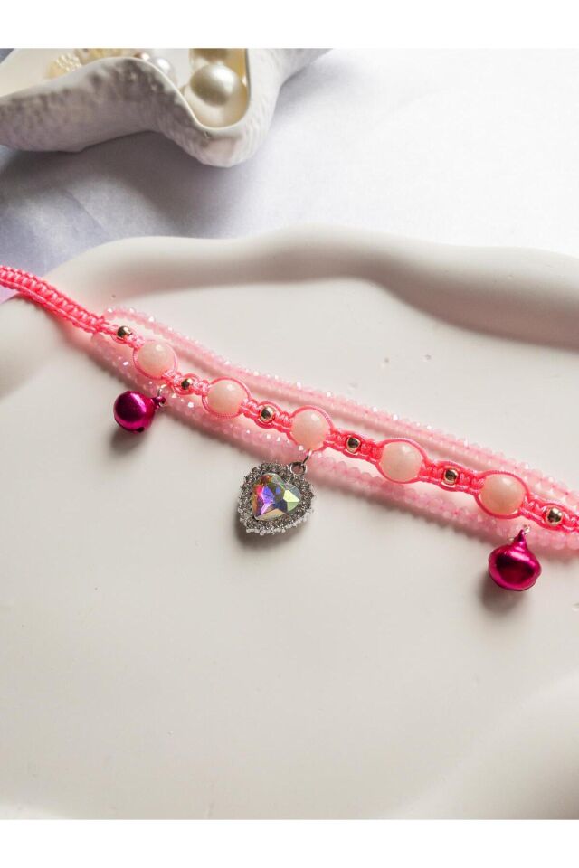 Doğal Taş Pembe Kuvars Boncuklu Pembe Kristal Kalp Charmlı ve Zilli Kedi ve Küçük Irk Köpek Tasması