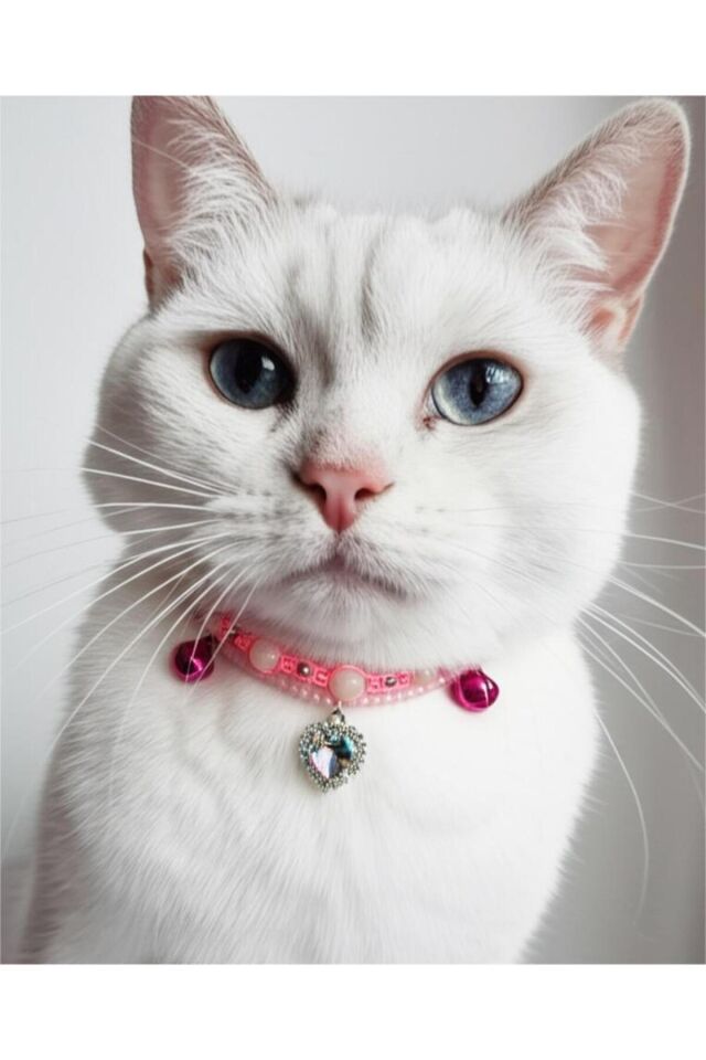 Doğal Taş Pembe Kuvars Boncuklu Pembe Kristal Kalp Charmlı ve Zilli Kedi ve Küçük Irk Köpek Tasması