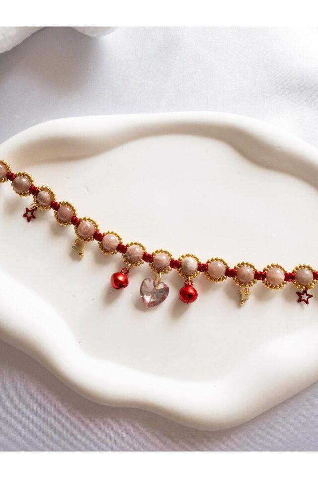 Doğal Taş Aytaşı ve Pembe Kristal Kalp Charmlı Kırmızı Kedi ve Küçük Irk Köpek Tasması