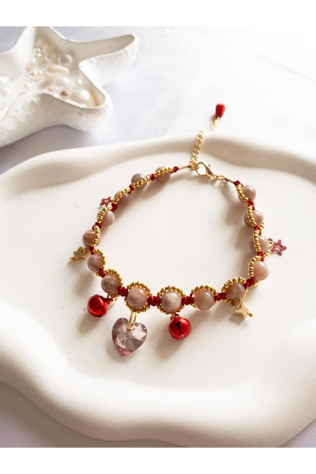 Doğal Taş Aytaşı ve Pembe Kristal Kalp Charmlı Kırmızı Kedi ve Küçük Irk Köpek Tasması