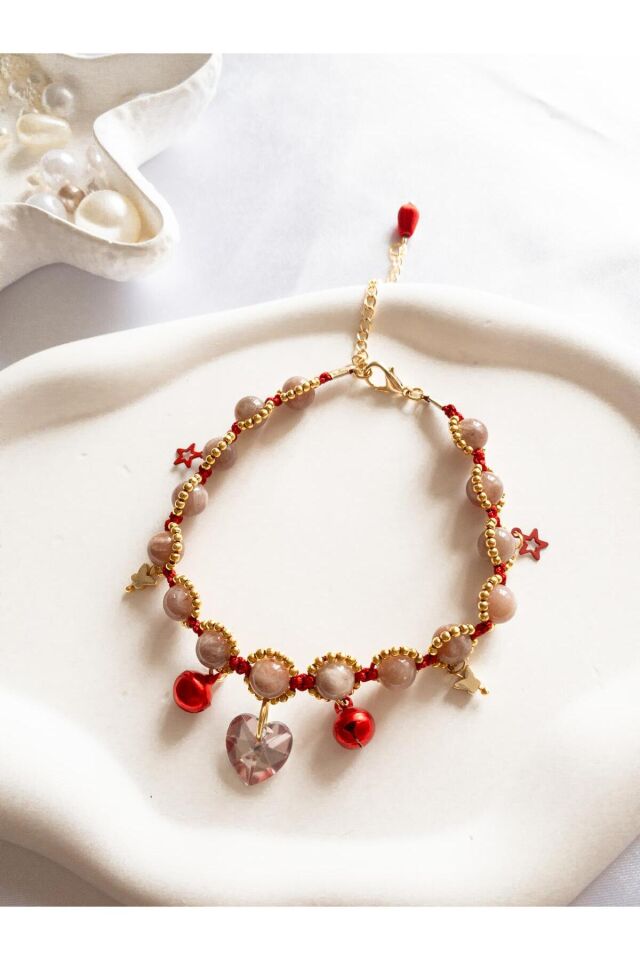 Doğal Taş Aytaşı ve Pembe Kristal Kalp Charmlı Kırmızı Kedi ve Küçük Irk Köpek Tasması