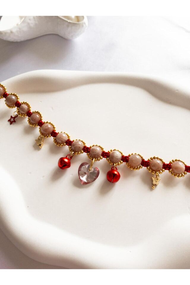 Doğal Taş Aytaşı ve Pembe Kristal Kalp Charmlı Kırmızı Kedi ve Küçük Irk Köpek Tasması