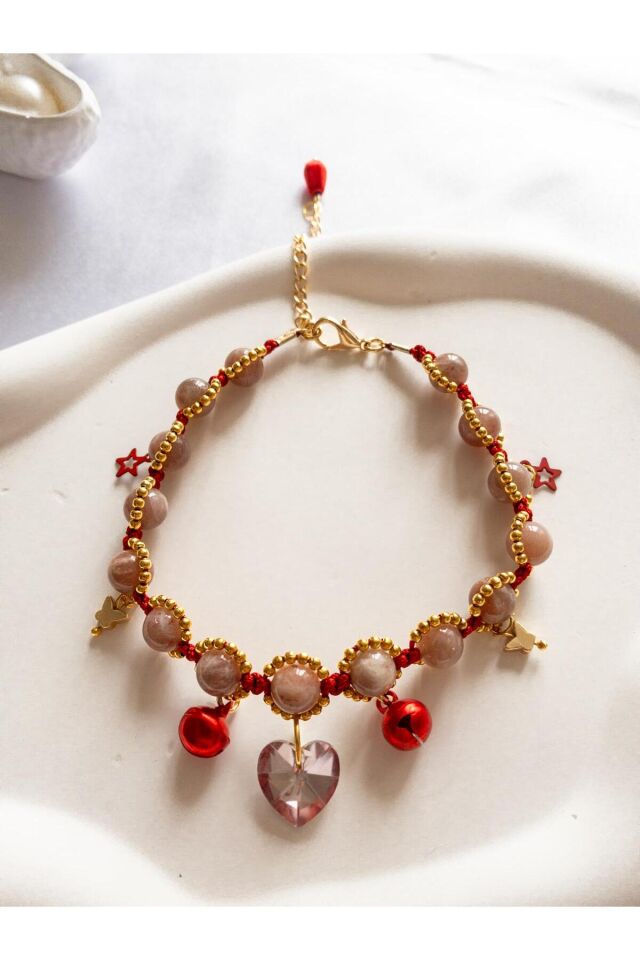 Doğal Taş Aytaşı ve Pembe Kristal Kalp Charmlı Kırmızı Kedi ve Küçük Irk Köpek Tasması