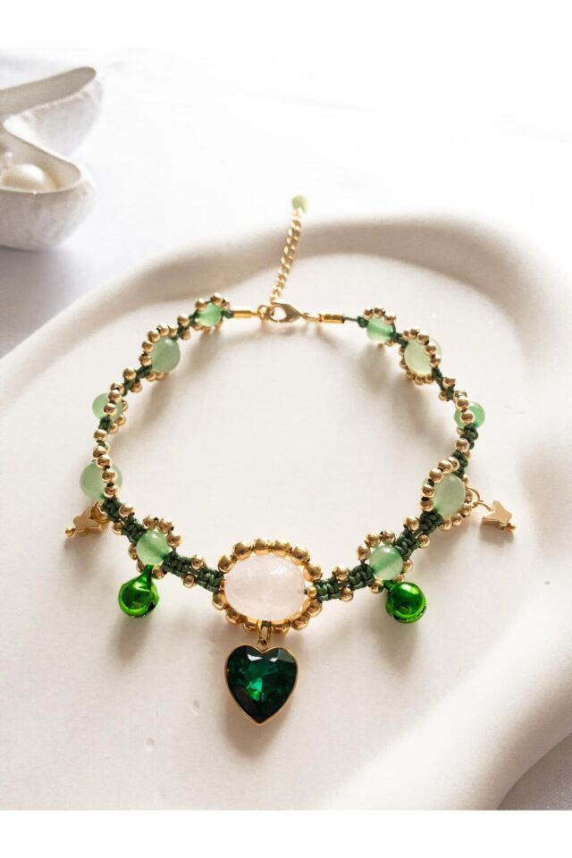 Doğal Taş Aventurin ve Pembe Kuvars Boncuk Kristal Kalp Charm Yeşil Kedi ve Küçük Irk Köpek Tasması