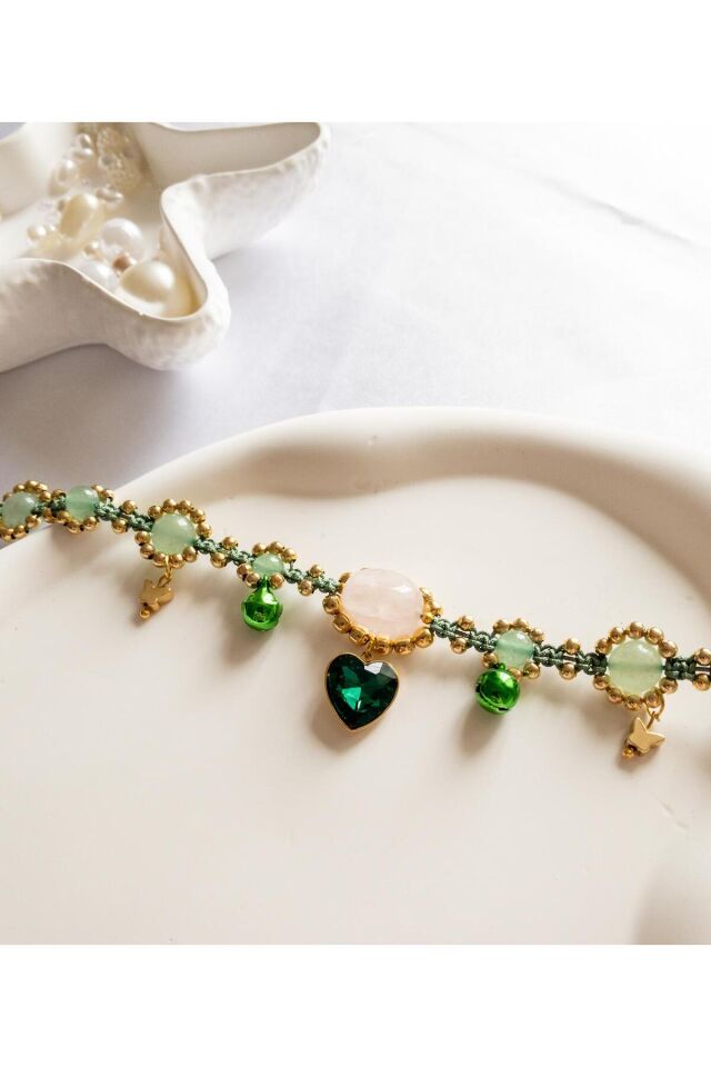 Doğal Taş Aventurin ve Pembe Kuvars Boncuk Kristal Kalp Charm Yeşil Kedi ve Küçük Irk Köpek Tasması