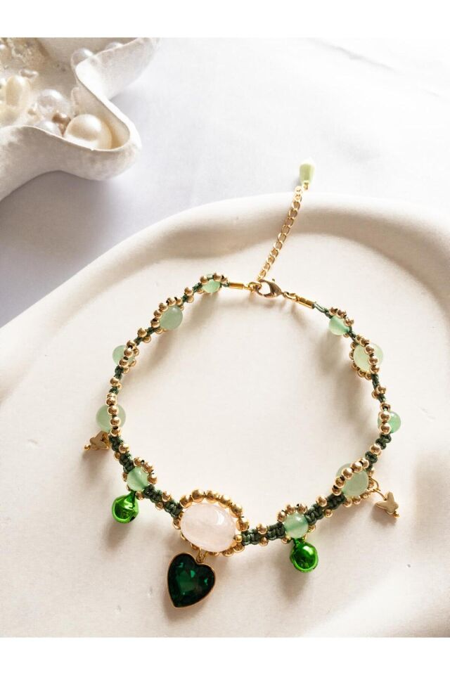 Doğal Taş Aventurin ve Pembe Kuvars Boncuk Kristal Kalp Charm Yeşil Kedi ve Küçük Irk Köpek Tasması