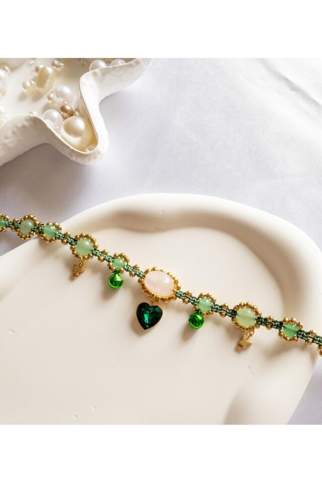 Doğal Taş Aventurin ve Pembe Kuvars Boncuk Kristal Kalp Charm Yeşil Kedi ve Küçük Irk Köpek Tasması