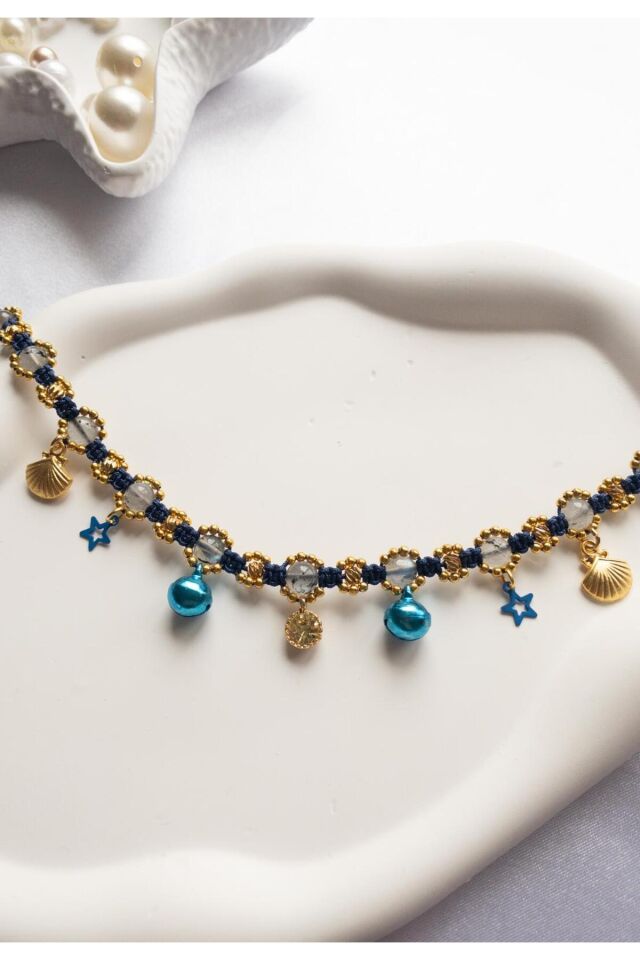 Doğal Taş Labradorit Boncuklu Kristal Taş Charmlı Lacivert Kedi ve Küçük Irk Köpek Tasması