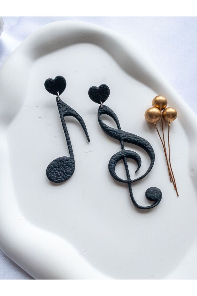 Özel Tasarım Siyah Polimer Kil Sol Anahtarı ve Sekizlik Nota Küpe