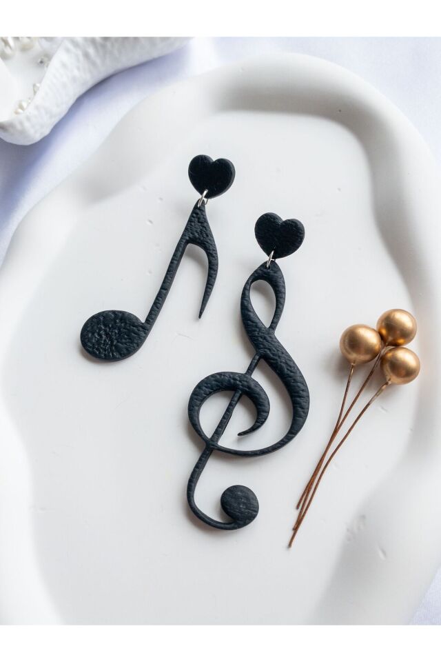 Özel Tasarım Siyah Polimer Kil Sol Anahtarı ve Sekizlik Nota Küpe