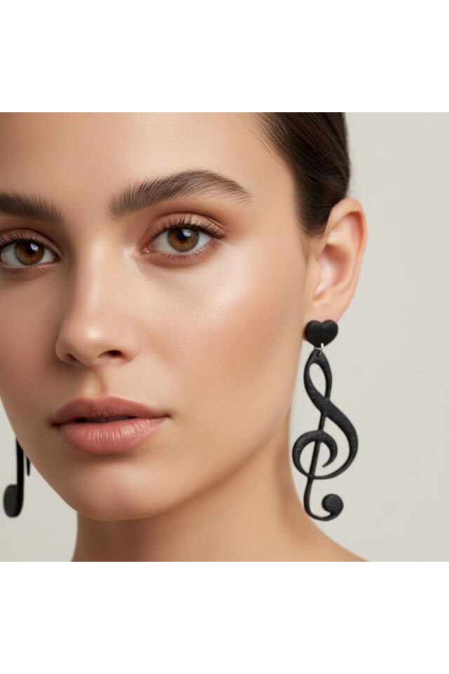 Özel Tasarım Siyah Polimer Kil Sol Anahtarı ve Sekizlik Nota Küpe