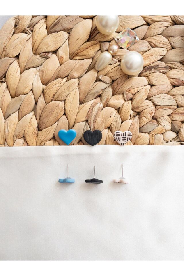 Özel Tasarım Siyah Parlak Mavi Ekose Polimer Kil Mini Kalp Küpe Seti