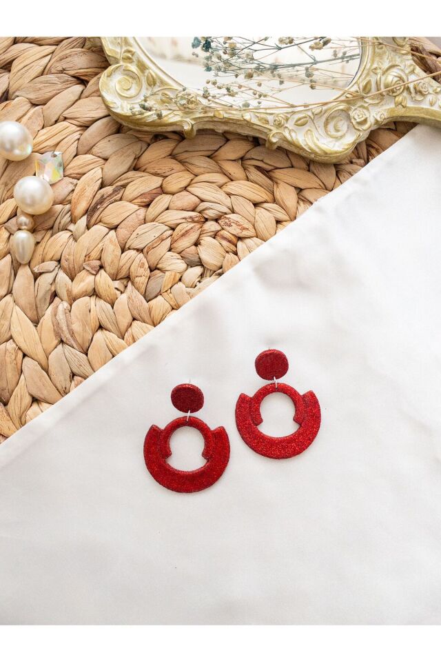 Özel Tasarım Kırımızı Simli Polimer Kil Geometrik Küpe